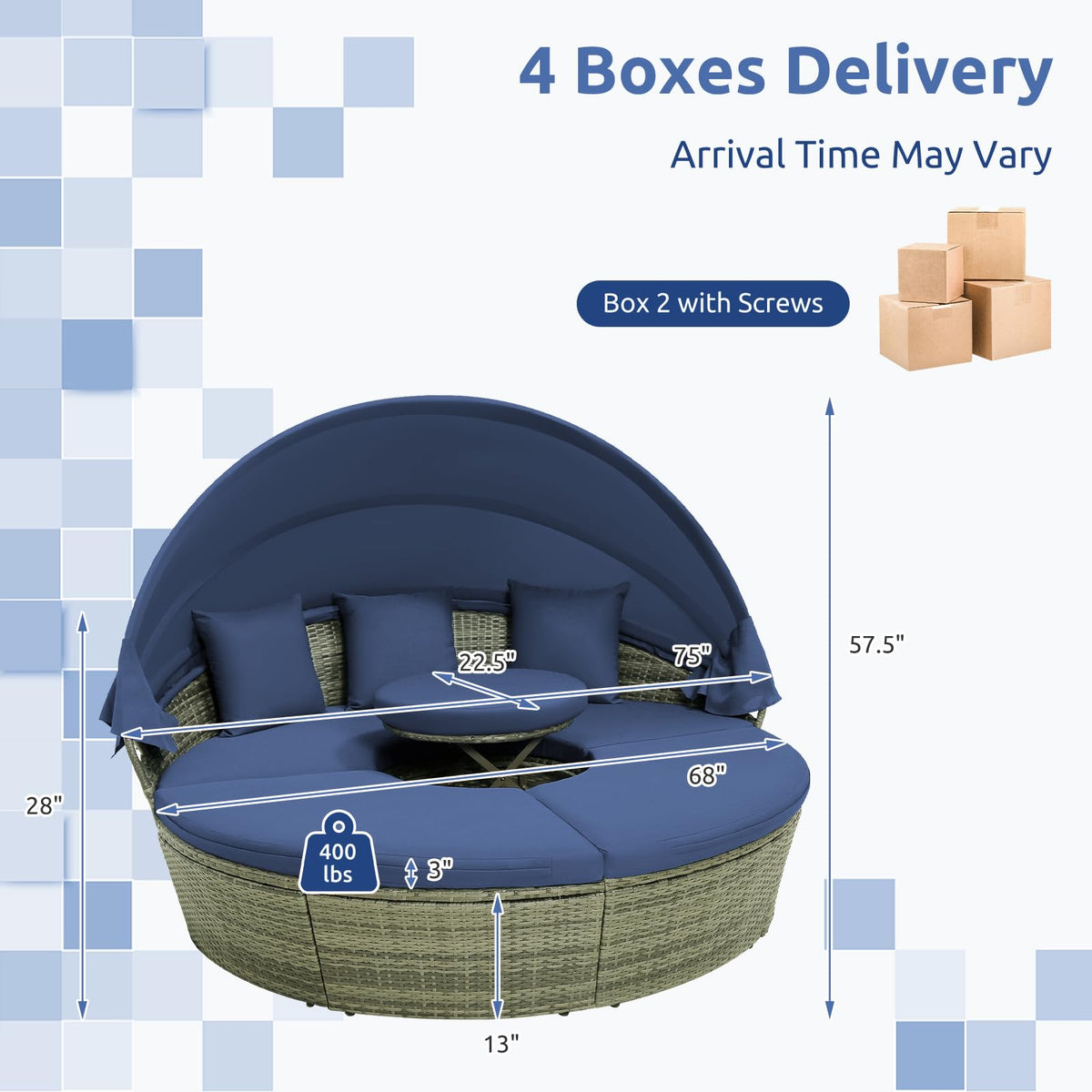 Tangkula Outdoor Round Daybed with Retractable Canopy, PE Wicker Sectional Seating Furniture with Cushions and Throw Pillows, Separates Cushioned Seats for Backyard, Poolside (Navy)