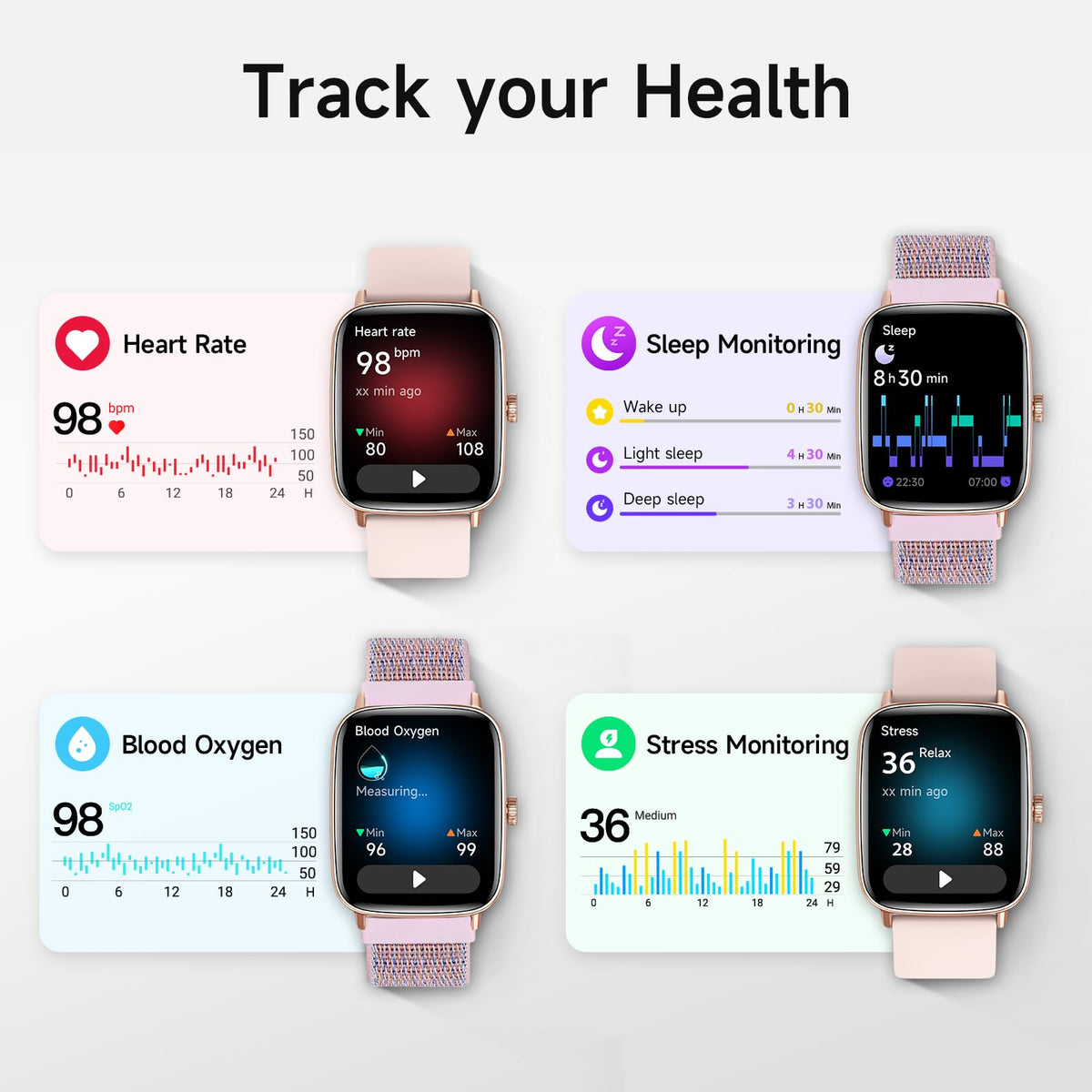 Smart Watch for Women, 1.85" HD Smartwatch Compatible iPhone/Samsung/Android (Answer/Make Calls), 100+ Sport Modes Fitness Tracker with Heart Rate/Sleep/SpO2 Monitor, IP68 Waterproof, with 2 Bands