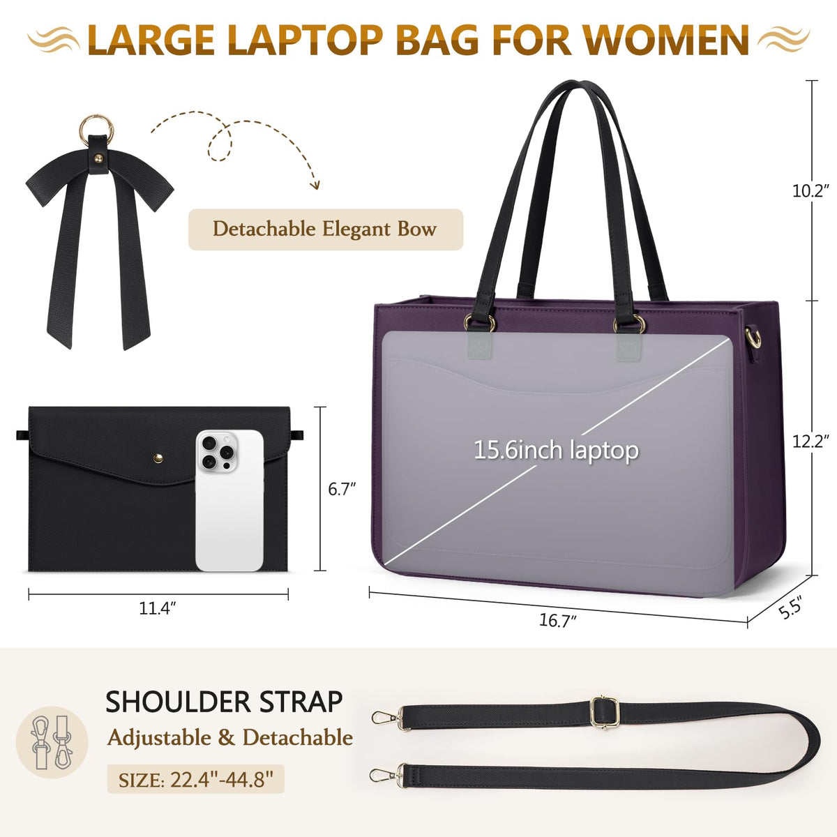RAINSMORE Laptop Bag for Women 15.6 Inch Work Tote Bags Leather Laptop Tote Waterproof Computer Bag Professional Office Briefcase Large Handbag for College Teacher Travel,Purple and Black