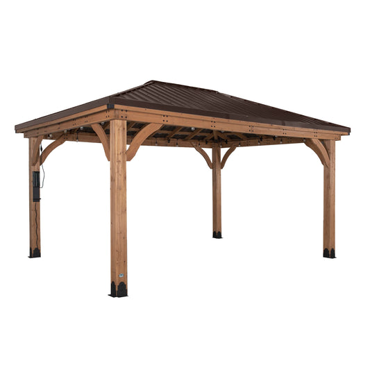 Backyard Discovery Barrington 16' x 12' Cedar Wood Outdoor Gazebo Pavilion with Hardtop Galvanized Steel Hip Roof, Snow Support, Wind Resistance, PowerPort, Shade for Garden, Patio, Deck, Entertaining