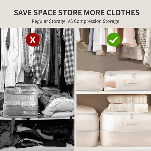 DIMJ Comforter Storage Bag 4 Pack - Blanket Storage Organizer Compression Bags, Large Capacity Ultra Space Saving Self Compression Organize for Bedding, Pillow, Duvet, Sheet Storage with Zipper Window