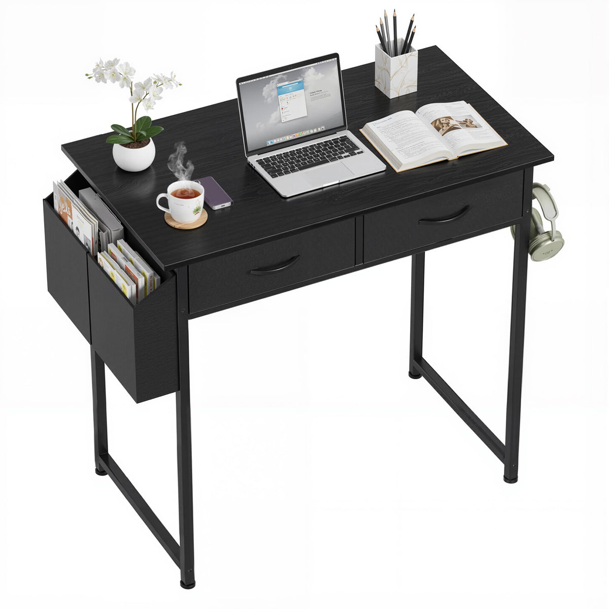 OLIXIS Small Desk with Fabric Drawers for Home Office, 32 Inch Gaming Computer Desk with Side Bag, Headphone Hook Writing Study Work Table for Bedroom Small Sapce, Chic Black