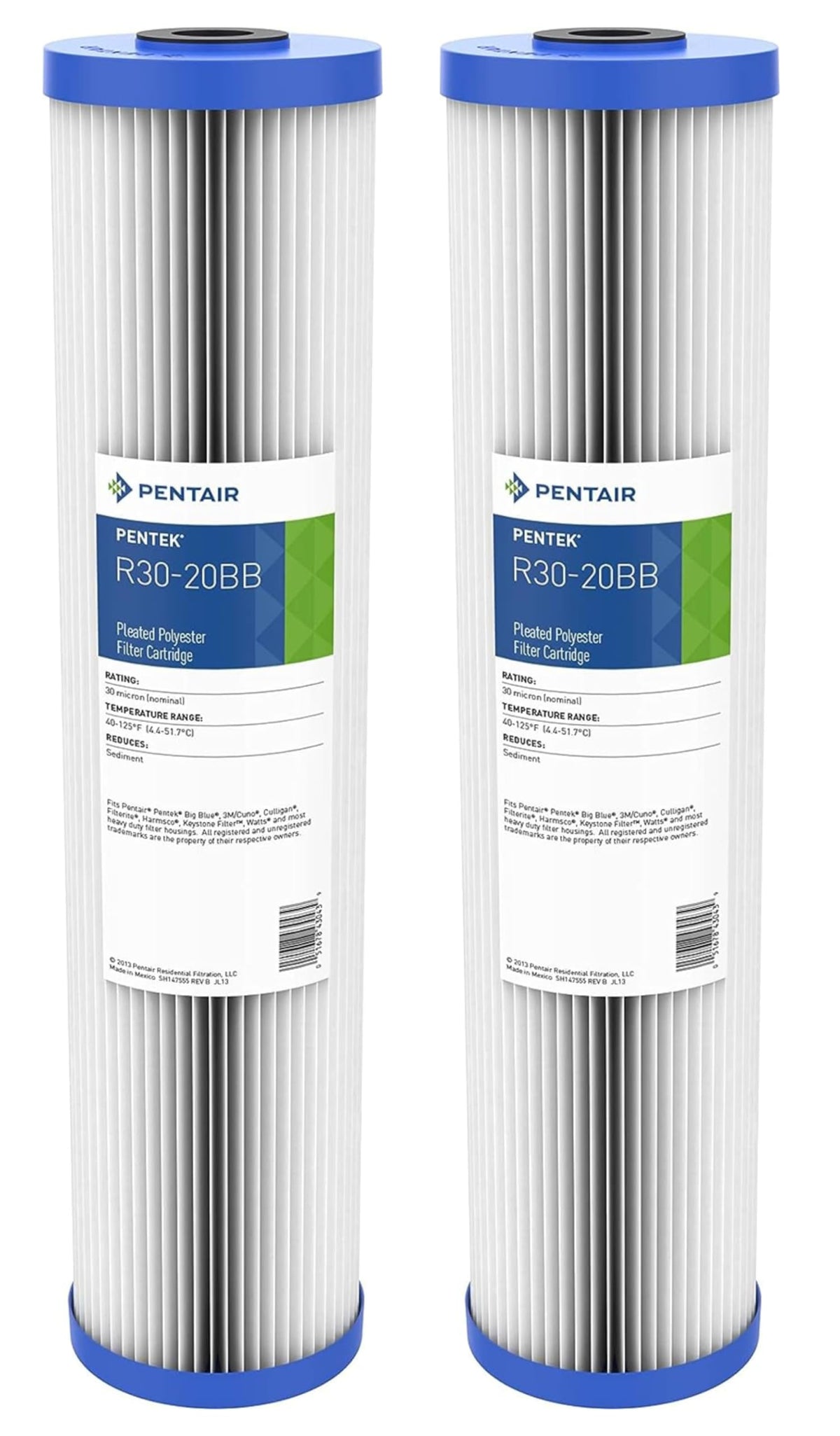 Pentair Pentek R30-20BB Big Blue Sediment Water Filter, Whole House Pleated Polyester Filter Cartridge, 20" x 4.5", 30 Micron, Pack of 2