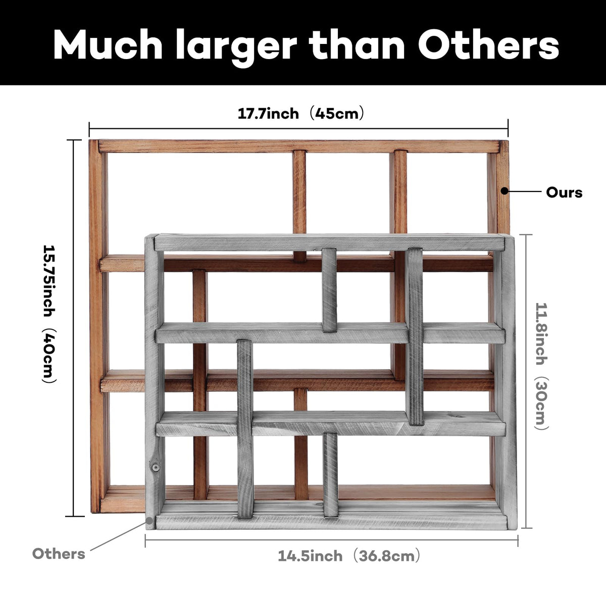 MITREL 17.7x15.7-Inch Shadow Box Display Shelf，6-Slot Rustic Floating Shelves，Larger Wood Trinket Shelf Freestanding Farmhouse Curio Shelf(6C-Rustic Walnut)