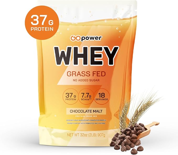 GOPOWER Whey Protein Powder, with BCAAs, Grass Fed Protein Powder, 2 Pound, 18 Servings