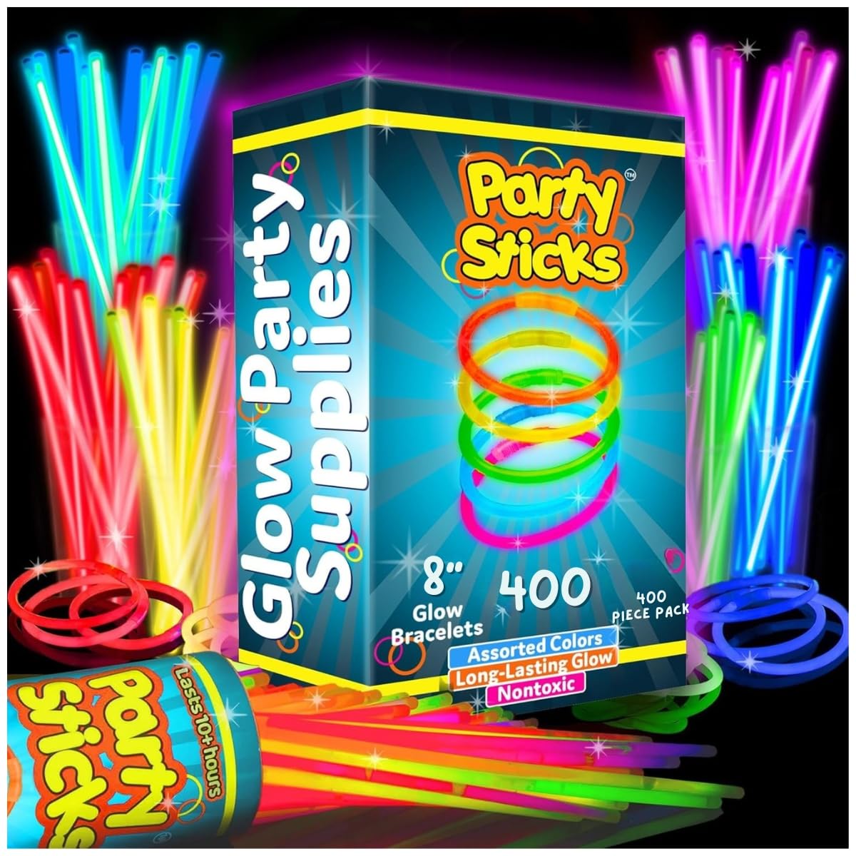 PartySticks Ultra Bright Glow Sticks Bulk Party Supplies 400 Pack - 8" Glow in the Dark Light Up Halloween Party Favors, Glow Decorations, Neon Party Necklaces and Bracelets with Connectors