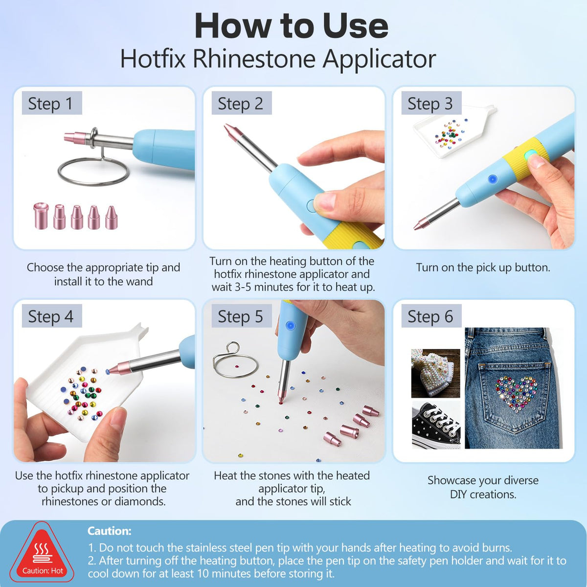 DIY Hotfix Applicator, 5 in 1 Hot Fixed Wand Bedazzler Kit, Rhinestones Setter Wand Tool with 5 Different Tip Sizes, DIY Bedazzler Kit with Rhinestones with Support Stand (Pink)