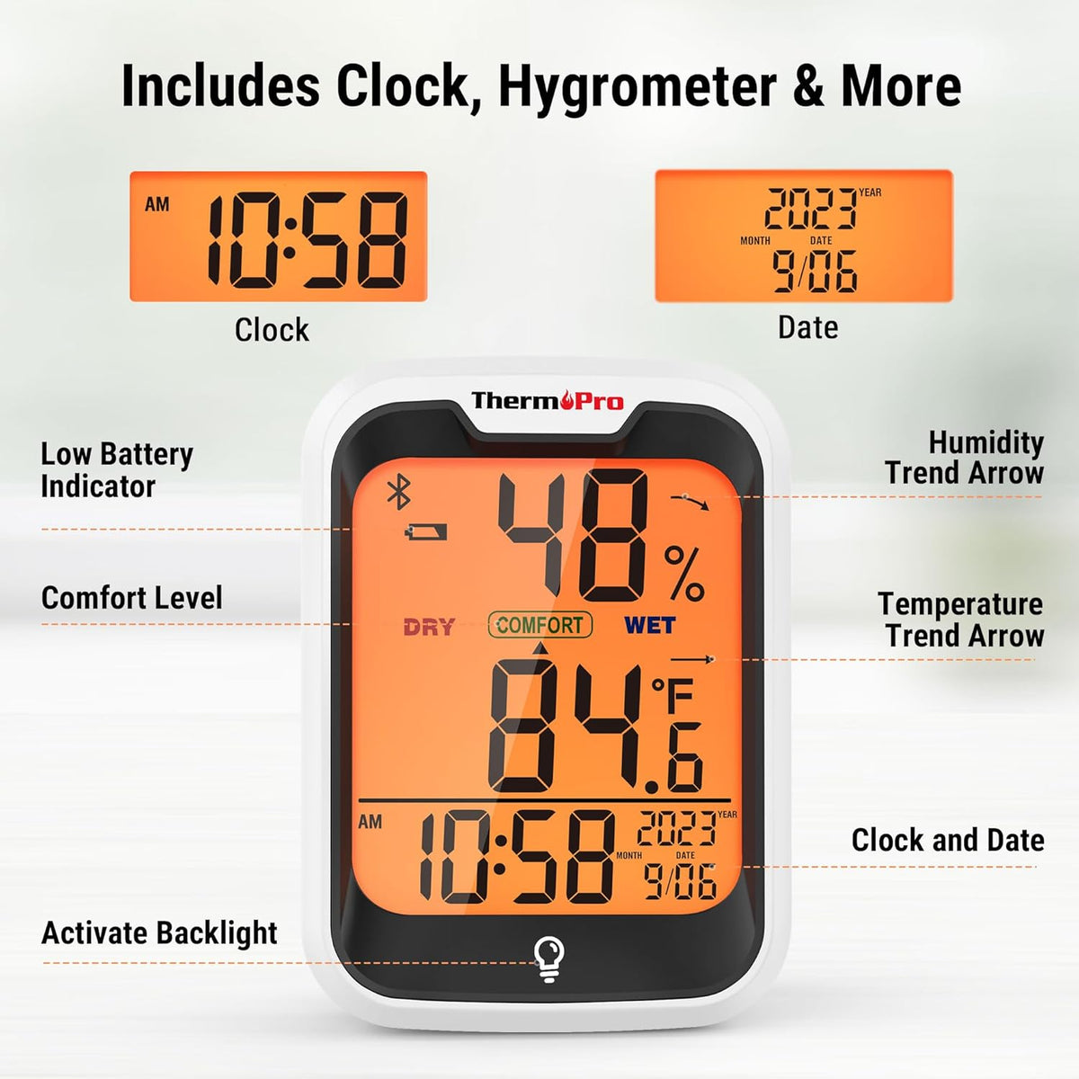 ThermoPro TP358 Bluetooth Thermometer - Smart Temperature & Humidity Sensor with Clock | 260Ft Range