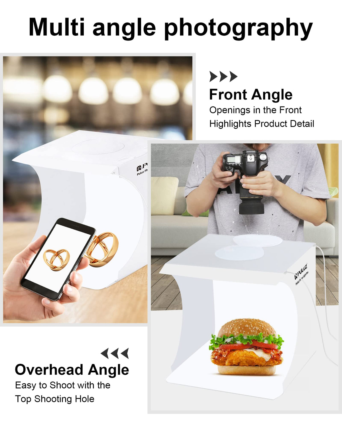 Photo Studio Box with LED Light, PULUZ 20cm Mini Portable Photography Lighting Tent Kit, White Foldable Shooting Softbox with 2x20 Lights + 6 Backdrops for Product Display
