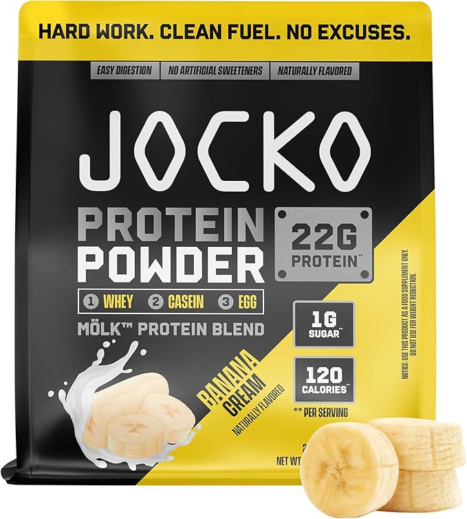 Jocko Fuel Mölk Whey Protein Powder 22g Low Sugar Monk Fruit Blend - Muscle Recovery & Growth, Packaging May Vary (28 Servings, Banana Cream)