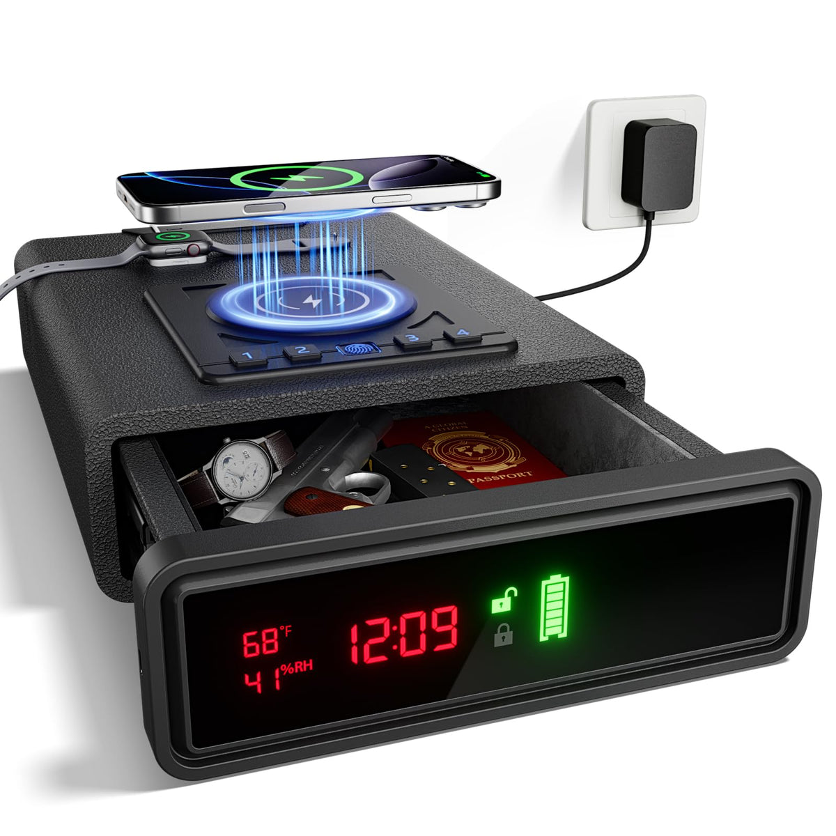 ORARAER Biometric Smart Gun Safe with Wireless Charging, 3 Quick Access Money Box with Fingerprint - Compact Bedside Drawer Safe, 24/7 Digital Clock handgun safe,Gifts for Men