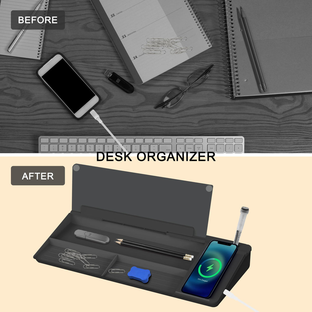 SELEAD Desktop Glass Whiteboard with Wireless Charger Station, Dry Erase Board Computer Pad Keyboard Stand with Organizer for Home, School, Office Desk Accessories, Black