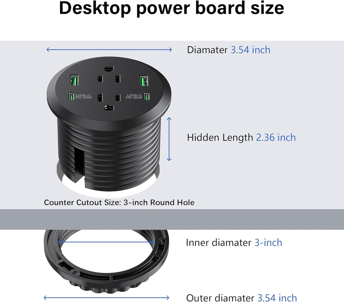 Jgstkcity Grommet 3-inch Hole,40W 2 20W 2 Outlets,4 Desk,6ft Desktop Power Total Fast Charging Station, PD USB C
