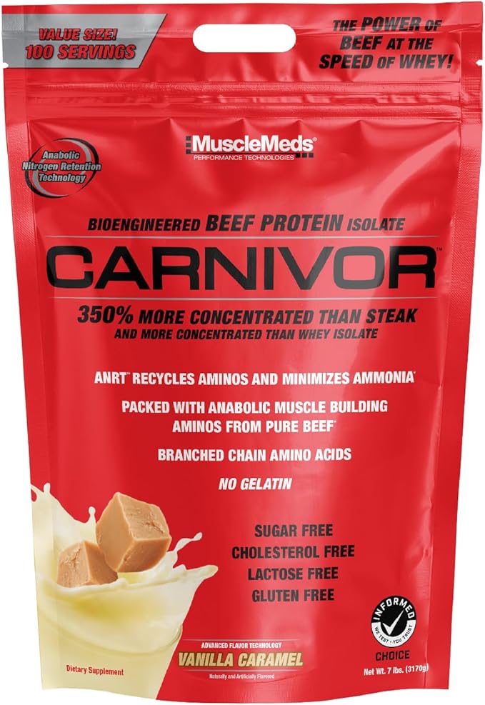 MuscleMeds Carnivor Beef Protein Isolate, 0 Lactose, 0 Sugar, 0 Fat, 0 Cholesterol, Halal Certified, Vanilla Caramel, 7 Lb, 100 Servings
