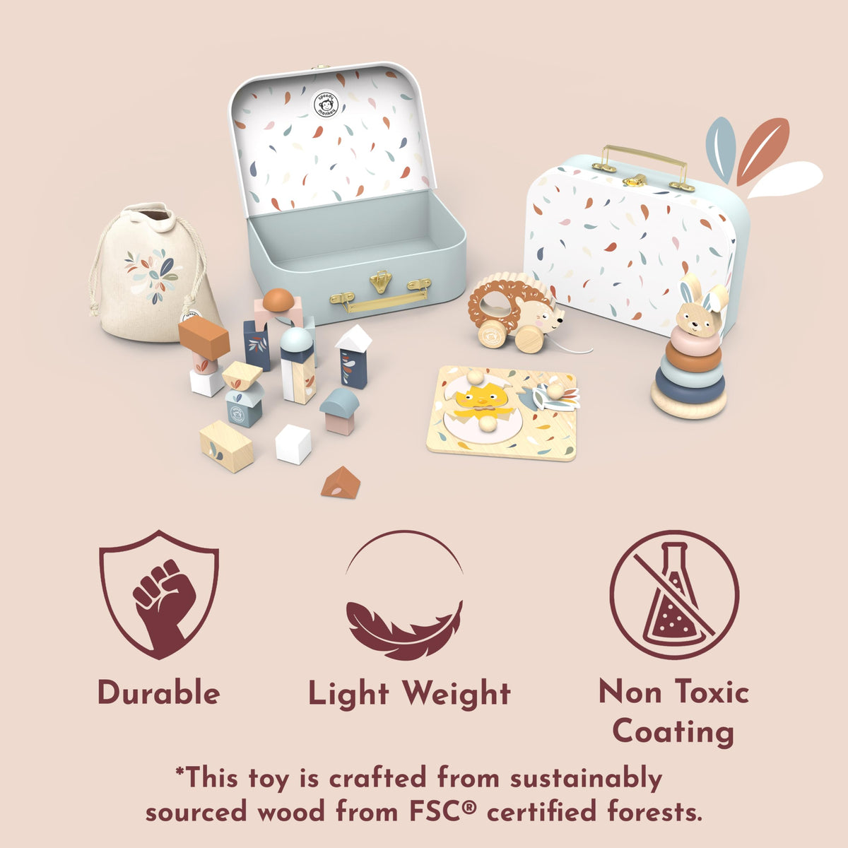 SPEEDY MONKEY Montessori My First Toy Box for Early Learning | Wooden Nursery Toy Set with Blocks, Stacking Rabbit, Chick Puzzle & Pull-Along Hedgehog | for Kids Ages 1+