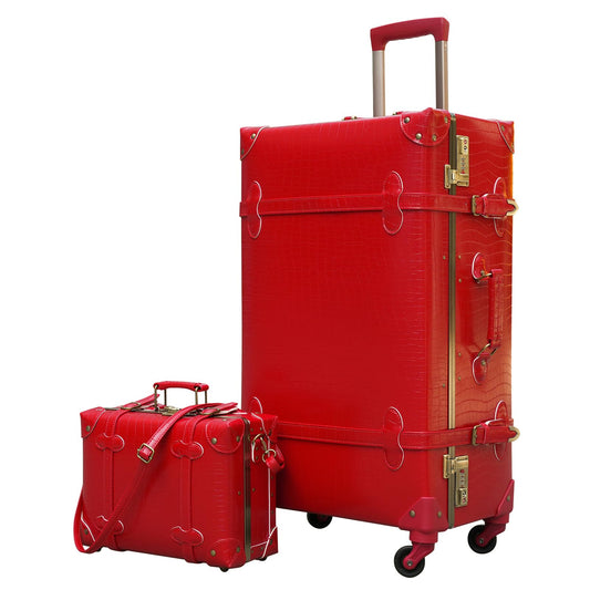urecity Vintage Luggage Set of 2, Retro Suitcase Trunk with Wheels for Men and Women, Cute Designer Travel Luggage Set with Boarding Tote, Luggage Zipperless TSA Approved