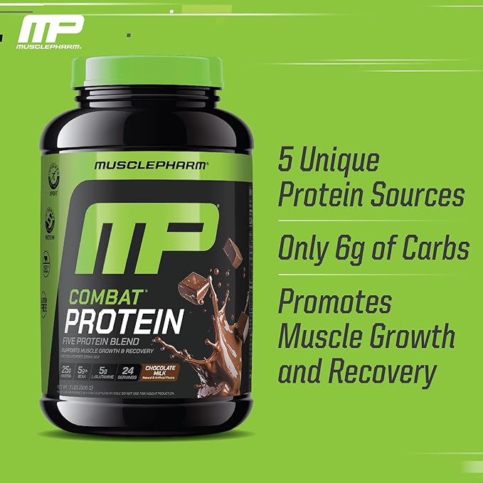 MusclePharm Combat Protein Powder, Chocolate Milk Flavor, Fuels Muscles for Productive Workouts, 5 Protein Sources Including Whey Protein Isolate & Egg Albumin, Gluten Free, 2 lb, 24 Servings