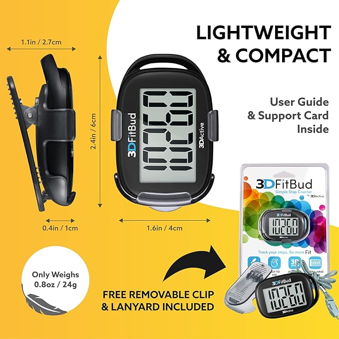 3DFitBud Simple Step Counter Walking 3D Pedometer from 3DActive with Clip & Lanyard - A420S