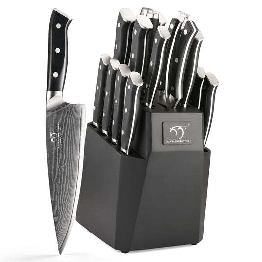 NANFANG BROTHERS 18-Piece Damascus Kitchen Knife Sets, 67-layer Japanese Damascus Steel Heat-Treated and Forged, ABS Ergonomic Handle, Ultra Sharp Chef Knife Block Set with Sharpener