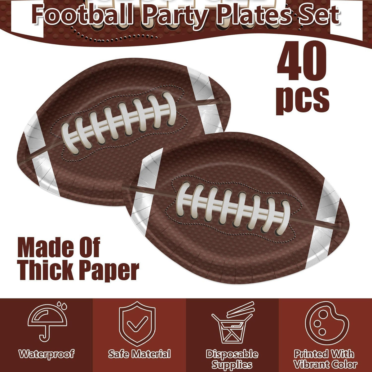 PIXHOTUL 40 Pcs Football Shaped Plates, Football Party Decorations Football Party Plates Football Disposable Paper Plates for Kids Men Football Birthday Party Tailgate Party Football Game Day (40)