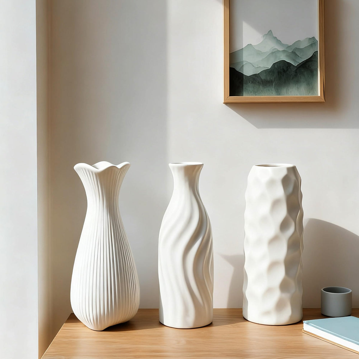 JKT Home White Ceramic Vase Set Home Decor – Farmhouse & Boho Decorative Vase Set for Kitchen, Living Room, Bedroom, Office, Bookshelf Decor, Bathroom, Centerpiece Table Decor