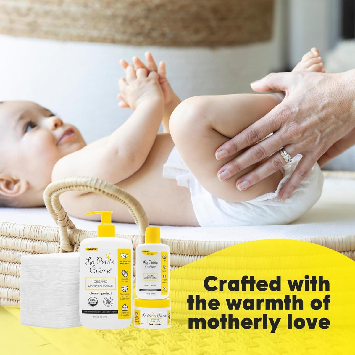 La Petite Creme Premium French Diapering Gift Set: Includes Organic Diapering Lotion (8 oz), Travel-size Liniment Baby Lotion (2 oz), 1 Travel-size Diaper Balm (1 oz), 50 Disposable Cotton Pads