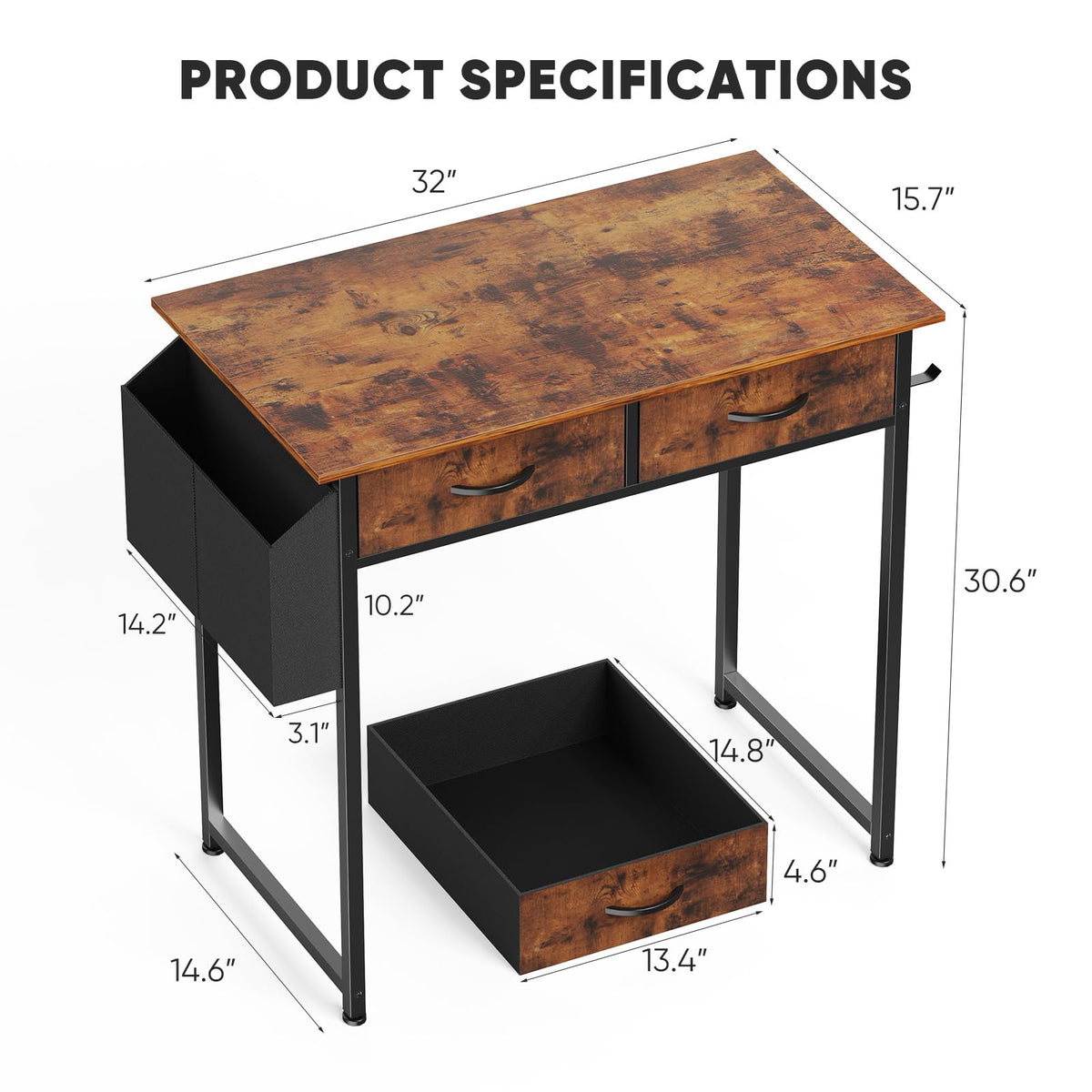DUMOS 32" Home Office Computer Desk with Drawers, Small Gaming Writing Study Table with Storage Side Bag, Headphone Hook and Adjustable Feet for Bedroom Rustic Brown
