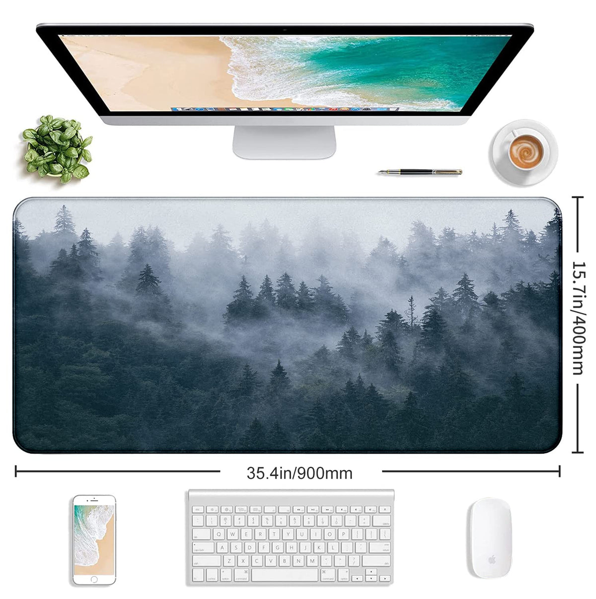 Large Extended Gaming Mouse Pad with Stitched Edges, Non-Slip Waterproof Rubber Base Mouse Pad for Office, Computer, Keyboard, Laptop and Home Desk Pad 35.4 x 15.7 x 0.12 Inch (Grey Forest)
