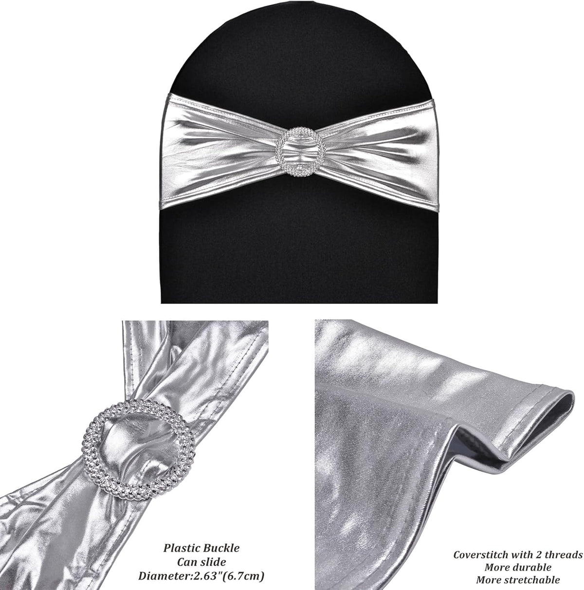 Skiennix Metallic Silver Stretch Chair Sashes - Durable Spandex Fitted Bows for Weddings & Events | 10 Pack