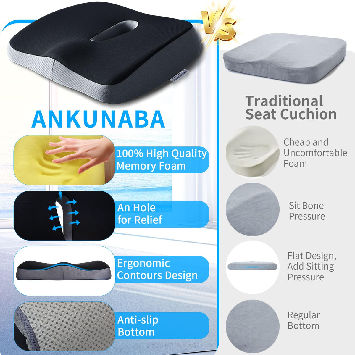 ANKUNABA Seat Cushions for Office Chairs, Large Memory Foam Desk Chair Cushion for Coccyx Tailbone Sciatica Back Pain Relief, Orthopedic Chair Pad for Car Wheelchair Computer Long Sitting (Black)