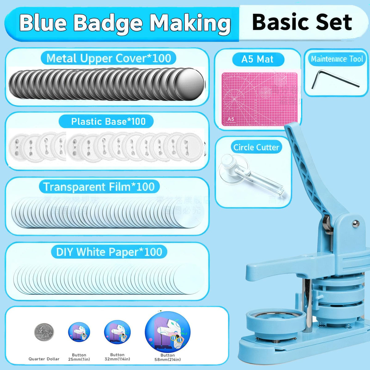 YYMTTOR Button Maker Machine Kit 58mm(2.25in) – DIY Pin Badge Press with 100 Buttons, Custom Pin Maker for Crafts, Parties & Gifts