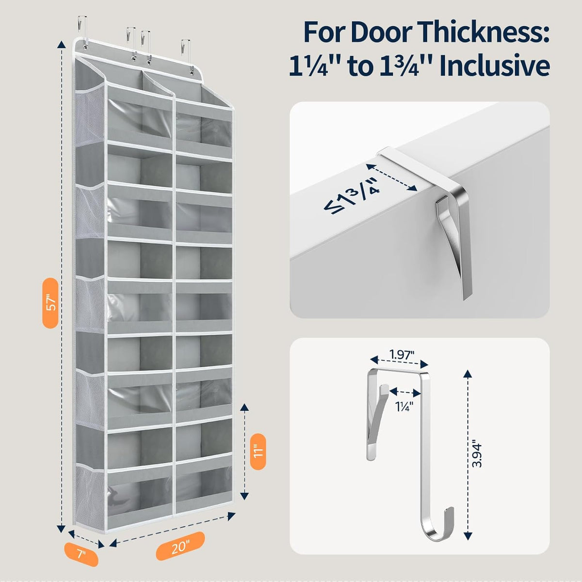 Yecaye 5-Tier Over The Door Organizer - Heavy Duty Dual-Column Storage with 10 Compartments | Grey