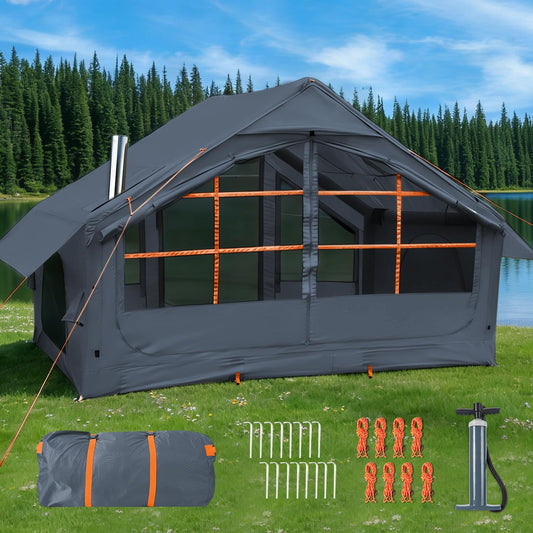 AORZCOR Inflatable Camping Tent with Stove Jack, 2-4 Person, Glamping Tents House, Easy Setup Tent for 4 Seasons, Waterproof Inflatable Hot Tent (Grey)