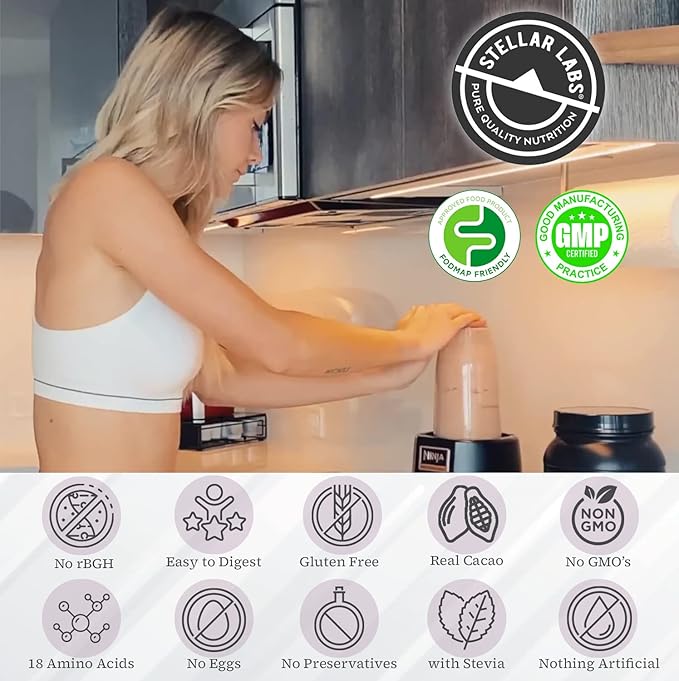 Stellar Labs Whey Protein Powder with BCAA's & Whey Isolate | Certified Low FODMAP, Non GMO, Gluten Free, Low Carb, Keto, with Stevia | All Natural Lean Post Workout Shakes | Chocolate