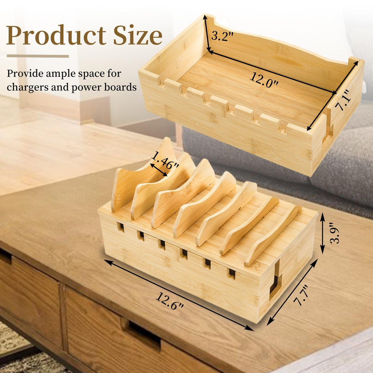 WRINGKIT Bamboo Charging Station for Multiple Devices, Desktop Charging Organizer with Removable Divider Slots, Docking Stations Stand for 6 Devices, Compatible with Tablets, iPads, Cell Phone, Laptop