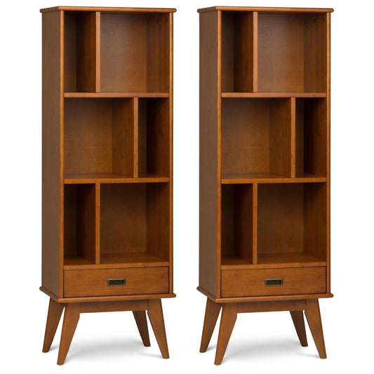 SIMPLIHOME Draper 22 inch Mid-Century Modern 6 Cubbie Bookcase with Drawer (Set of 2) in Teak Brown for the Living Room, Study Room and Office