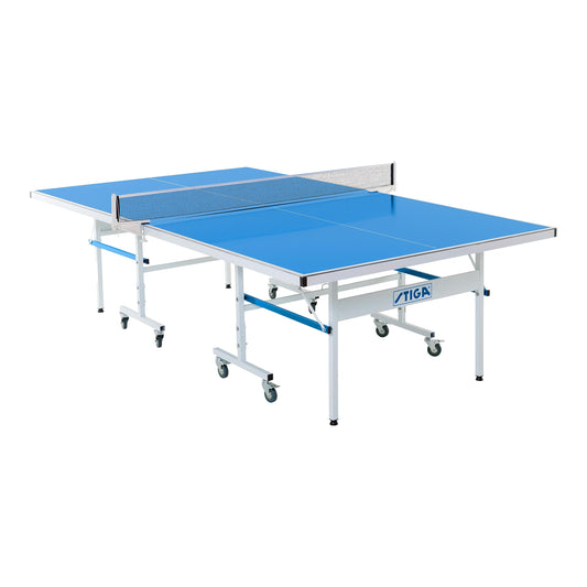 STIGA Outdoor Table Tennis Table – All-Weather Waterproof Aluminum Ping Pong Table with Net & Post, QuickPlay Assembly, 108" L x 60" W x 30" H, White-Blue