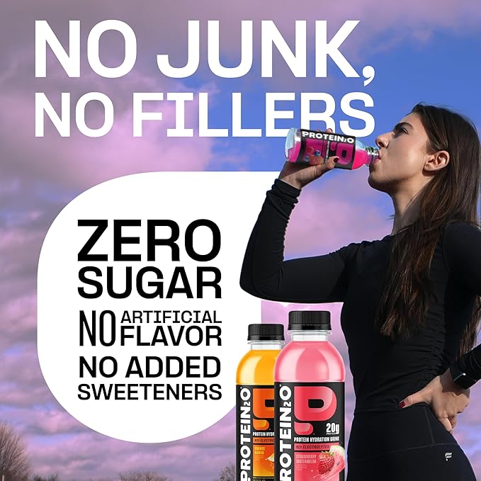 Protein2o Hydration Drink - 2-in-1 Liquid Clear Whey Protein Isolate and Electrolyte Drink - 20g Protein, Vitamins B5, B6 - Post-Workout Recovery - 16.9 Fl Oz - 12 Count Variety Pack