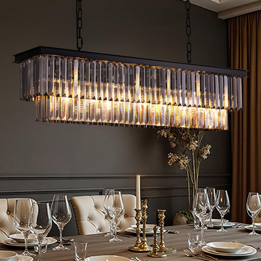 Tinkoso 39-inch Rectangle Crystal Chandeliers for Dining Room,Hanging Ceiling Light for Kitchen Island,Smoky Gray K9 Crystal Pendant Lighting,59-inch Adjustable Wire,Matte Black Finish