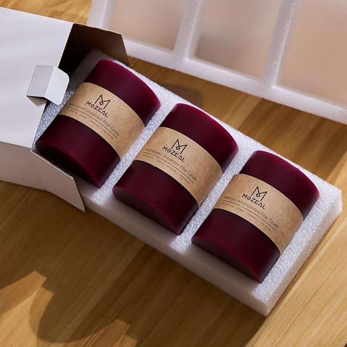 MOZEAL 3" x 4" Hand-Poured Unscented Burgundy Candle, Dripless Maroon/Dark Red Pillar Candle Set of 3, Long Clean Burning, Approx 72 Hours Burn Time, Rustic Country Style, Home Decor