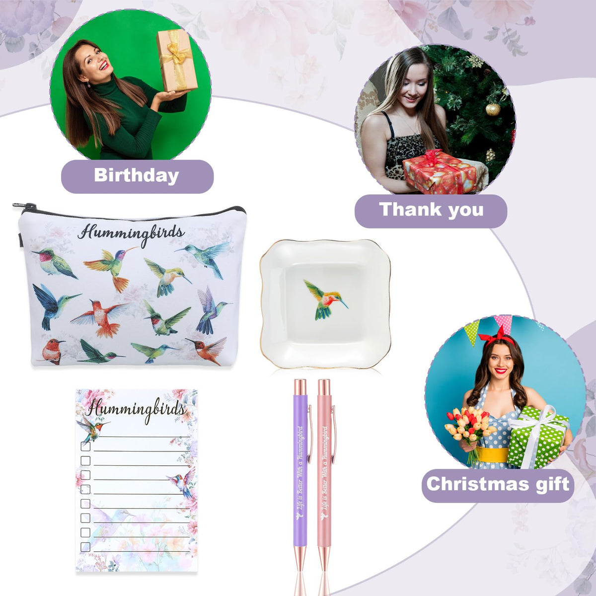 Dansydaisy 4 Pcs Hummingbird Valentine's Day Women Gifts Include Ring Dishes, Ballpoint Pen, Sticky Notes to Do List, Makeup Bag, for Wife Sister Best Friend, for Birthday Christmas Gifts
