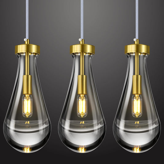 LIANGMH Raindrop Pendant Lights Kitchen Island Set of 3 Teardrop Gold Hanging Light Fixtures Clear Solid Glass Pendant Light Modern Chandeliers for Dining Room Porch Corridor Living Room…