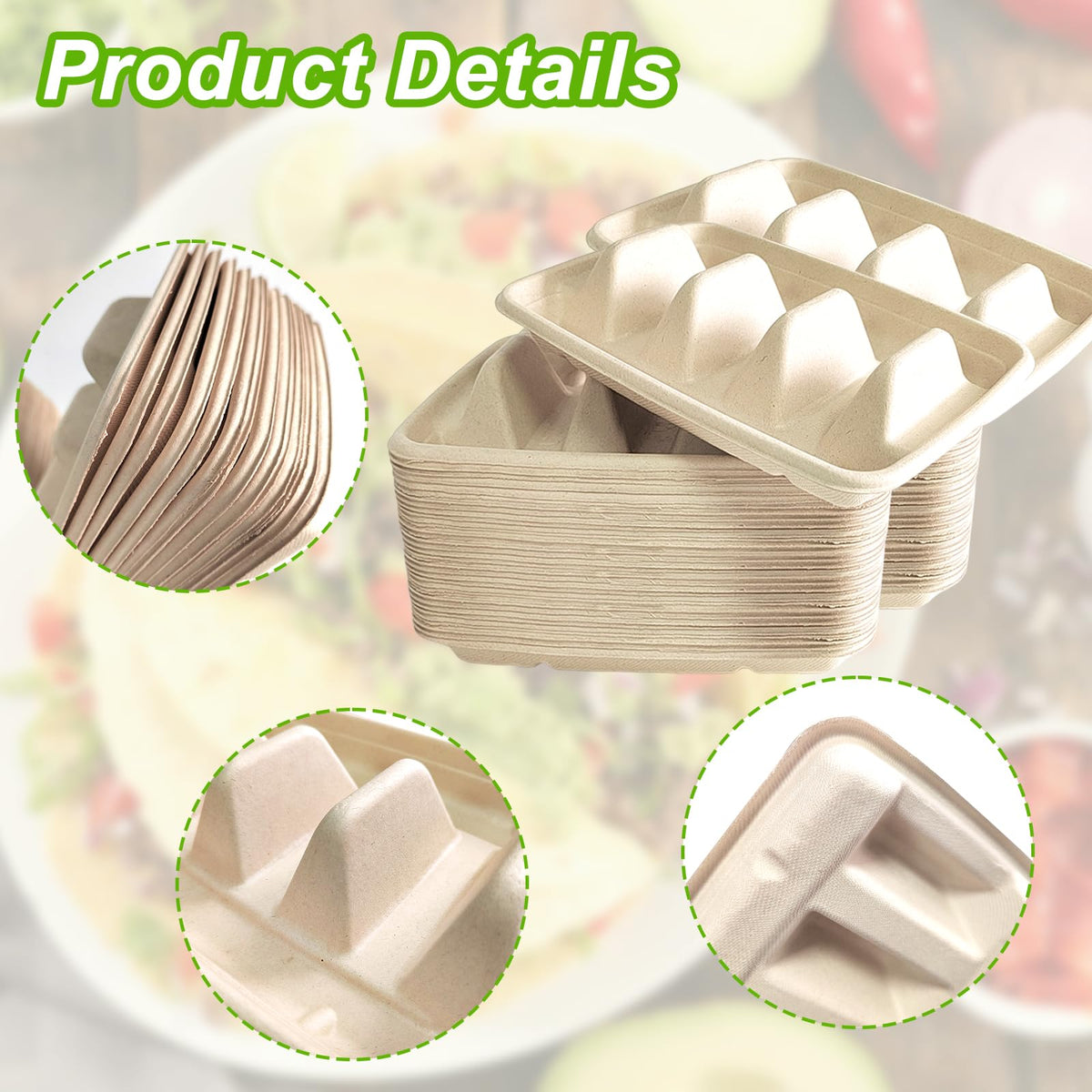Sibosen 50PCS Disposable Taco Holder for Party，Disposable Taco Plates with 3 Dividers Disposable Taco Holders for Taco Tray Holder, Pulp Fiber Plates Disposable for Taco Tuesday Lazy Susan Taco Bar
