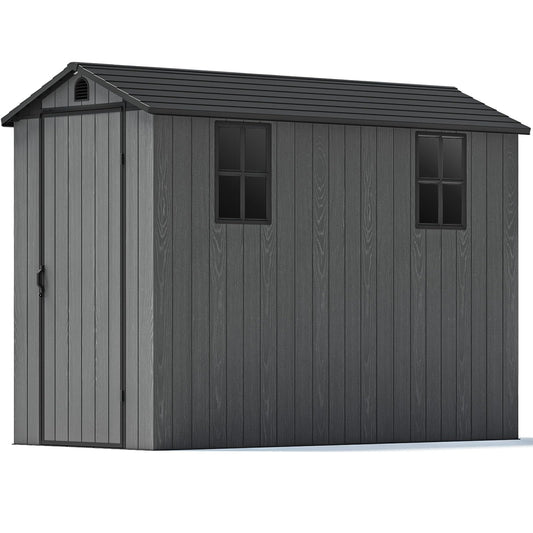 Patiowell 4x8 FT Plastic Outdoor Storage Shed with Floor, Garden Tool Shed with Two Windows and Single Lockable Door for Garden, Backyard, Lawn, Easy to Install, Dark Grey