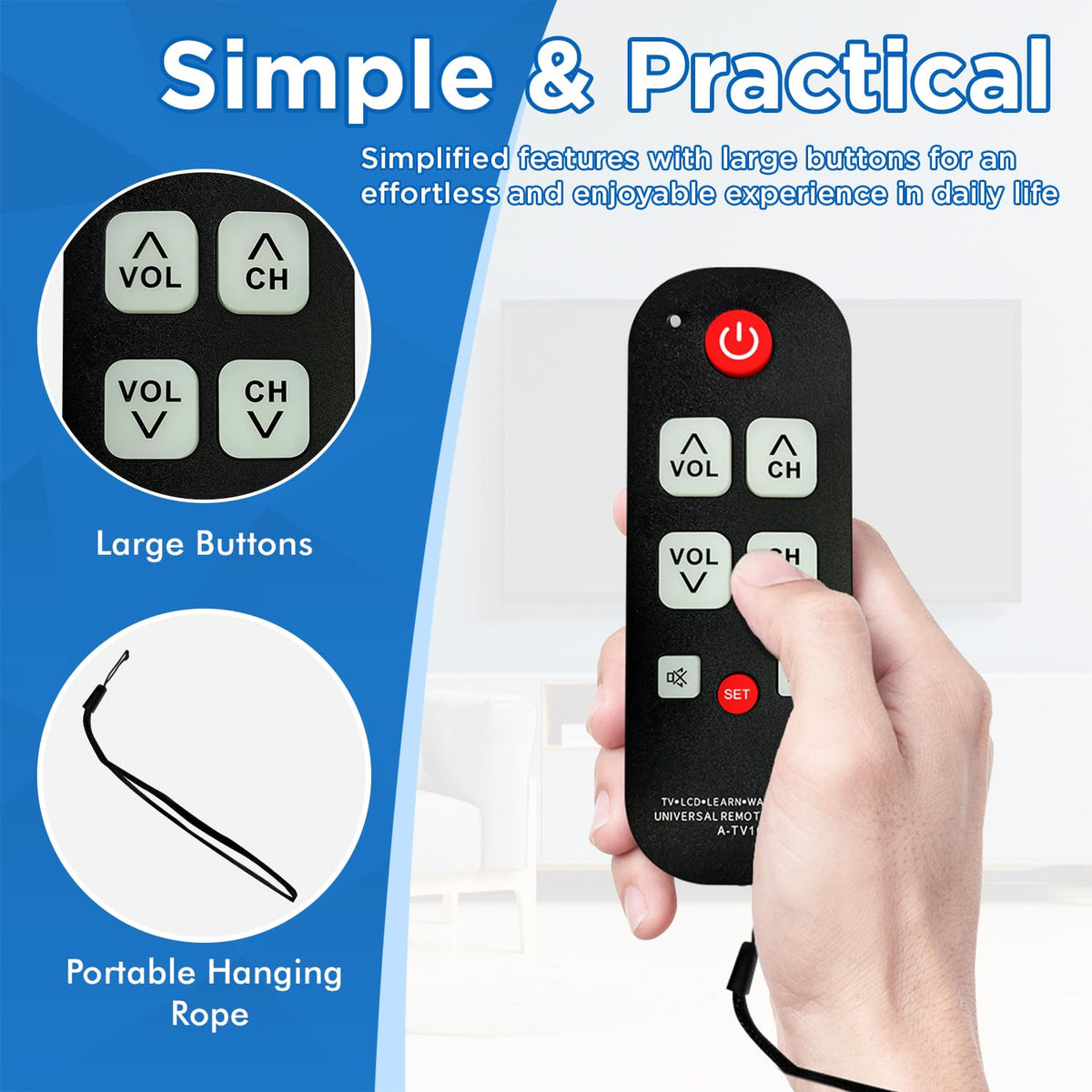 Universal Big Button TV Remote for Seniors, Elderly - Simple Remote - Easy to Use and Set Up with Auto Search & Learning Functions for Major TV Brands, Dementia Friendly Gifts