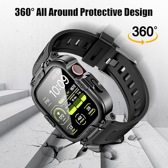 Dsytom Waterproof Case with Band Compatible for Apple Watch Band 46mm 45mm 44mm 42mm(S11/10) 41mm 40mm for Men,Rugged Smartwatch Strap with Built-in Tempered Glass Screen Protector for iWatch Series 11/10/9/8/7/6/5/4/SE