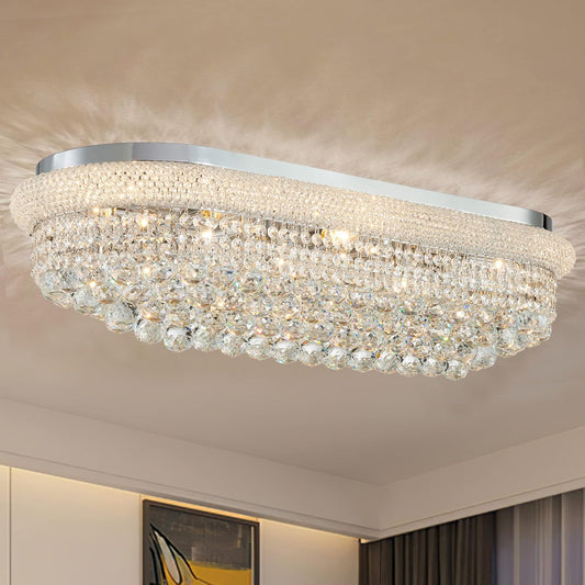 TMAFON Modern Rectangle Ceiling Crystal Chandelier - Length 36 inches Fulsh Mounting Chandeliers, Oval Light Fixtures for Living Dining Room, Bedroom