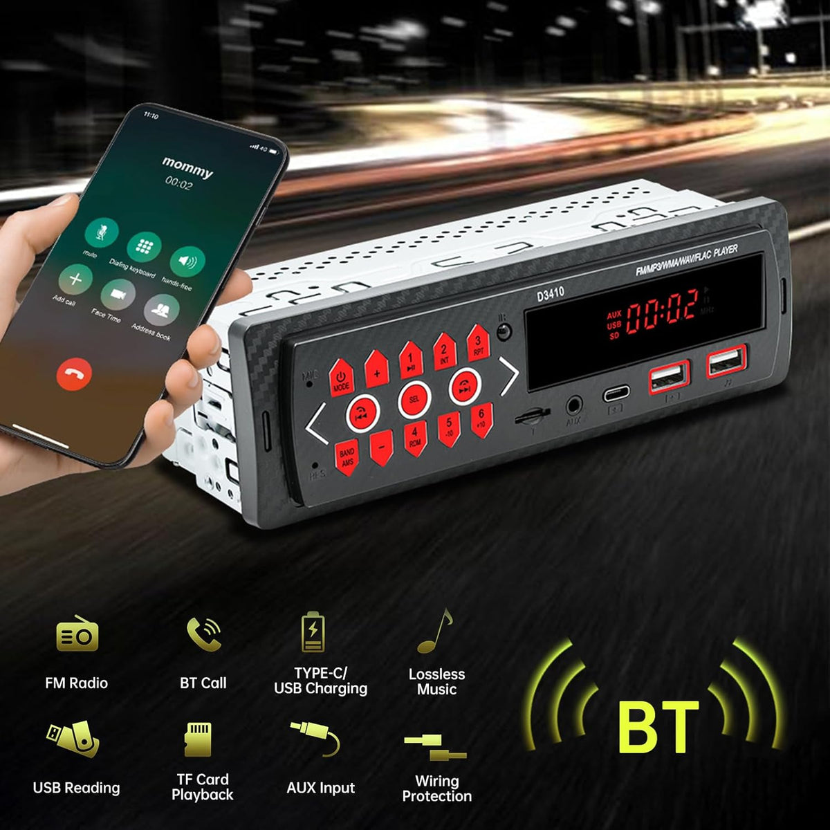 ePathChina 12V MP3 FM/MP3/WMA/FLAC/AUX/TF Car Audio Bluetooth Single DIN Stereo, LED Car Radio Player with Hands-Free