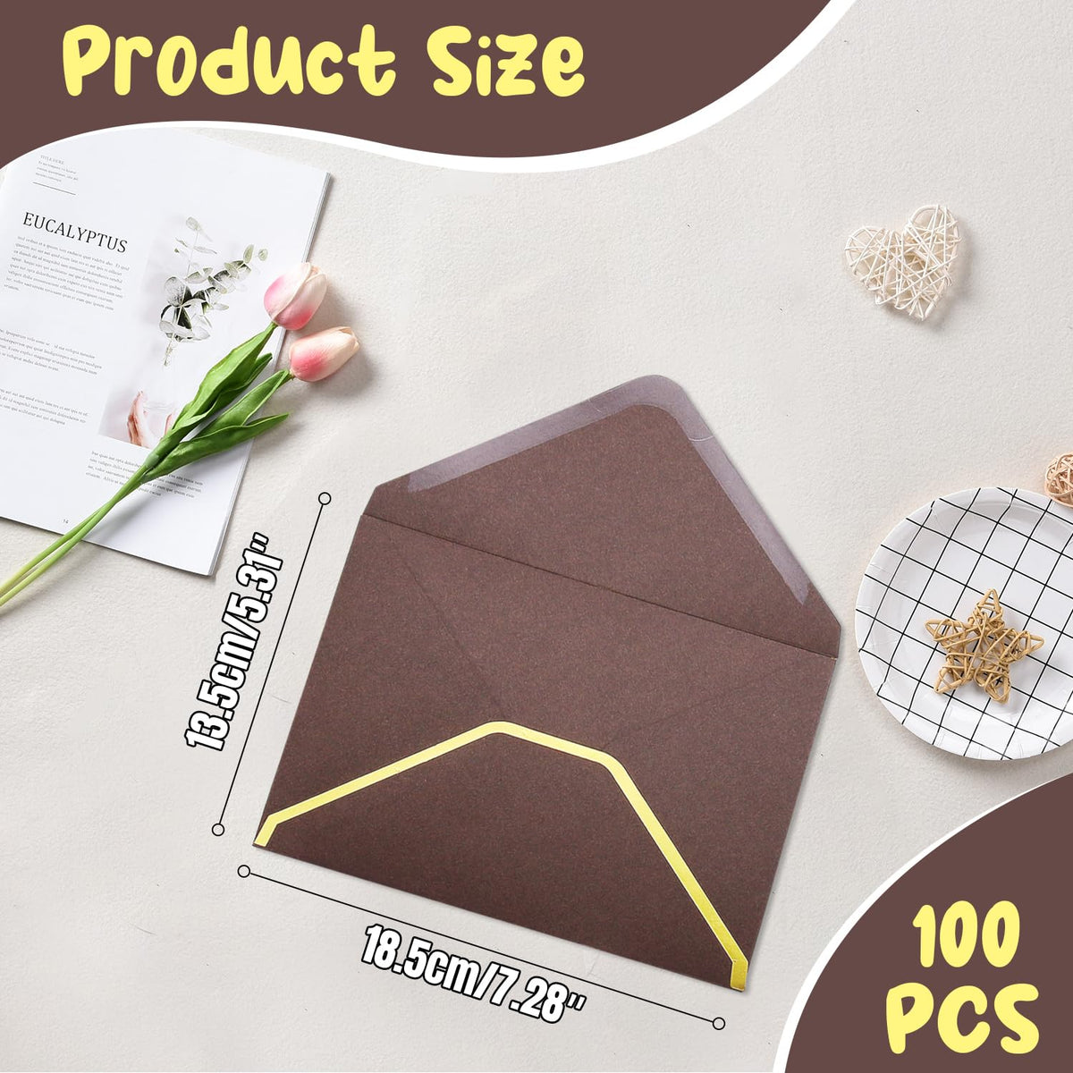 szkoo 100 Pack 5x7 Envelopes, Coffee A7 Card Christmas Envelopes V Flap Envelope Gold Borders for Invitations, Weddings, Parties & Greeting Cards