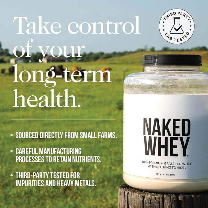 NAKED Whey 2LB 100% Grass Fed Whey Protein Powder - Only 1 Ingredient, Unflavored Whey Protein, Undenatured, Gluten Free, Soy Free, No GMOs, No Preservatives